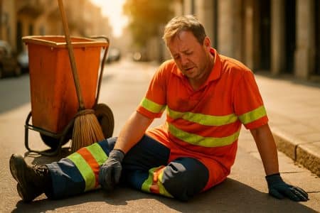 Agent de propreté urbaine en uniforme réfléchissant assis au sol, visiblement épuisé par la chaleur, à côté de son balai et de son chariot de nettoyage sous un soleil de plomb.