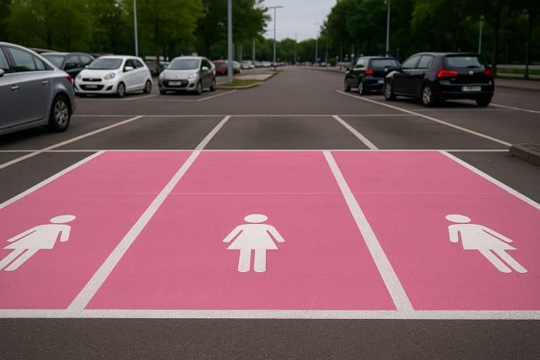 Trois emplacements de parking peints en rose avec un pictogramme féminin blanc au sol.