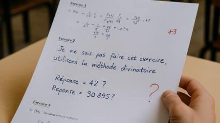 Copie d’un élève au bac 2025 avec une réponse humoristique en mathématiques mentionnant une « méthode divinatoire ».