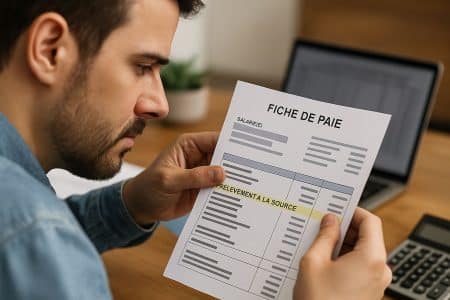Homme en chemise en jean examinant un bulletin de salaire avec la ligne « prélèvement à la source » surlignée.