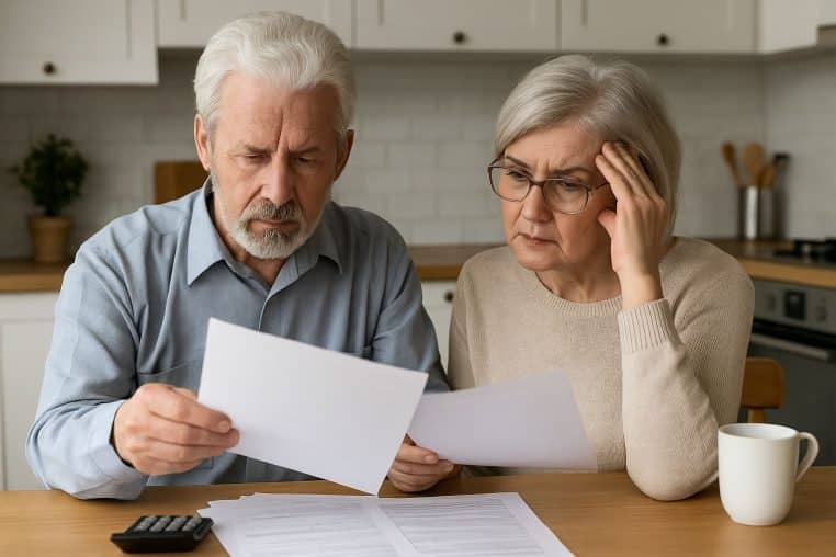 Un couple de seniors consulte des documents financiers avec un air inquiet à la table de leur cuisine.