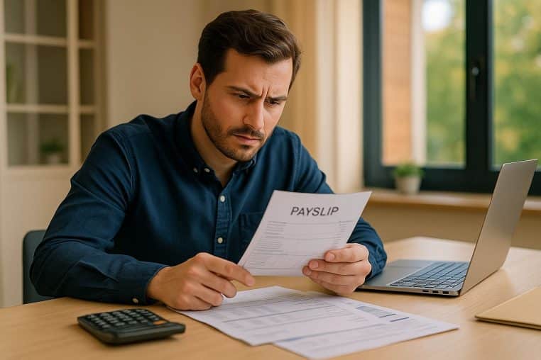 Homme concentré regardant une fiche de paie devant son ordinateur portable, avec une calculatrice sur la table.
