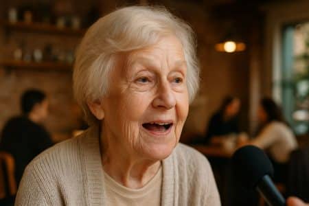 Personne âgée parlant dans un café, microphone devant elle, lumière chaleureuse.