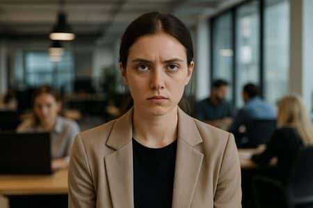 Jeune professionnel(le) affichant un regard impassible et dédaigneux dans un bureau moderne.