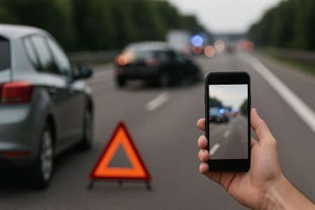 Main d’un conducteur tenant un smartphone en portrait pour filmer une scène d’accident sur l’autoroute, avec un triangle de danger et une voiture arrêtée sur la bande d’arrêt d’urgence.