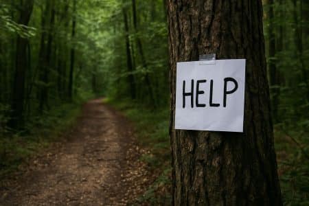 Feuille blanche avec le mot « HELP » accrochée à un arbre au bord d’un sentier forestier.