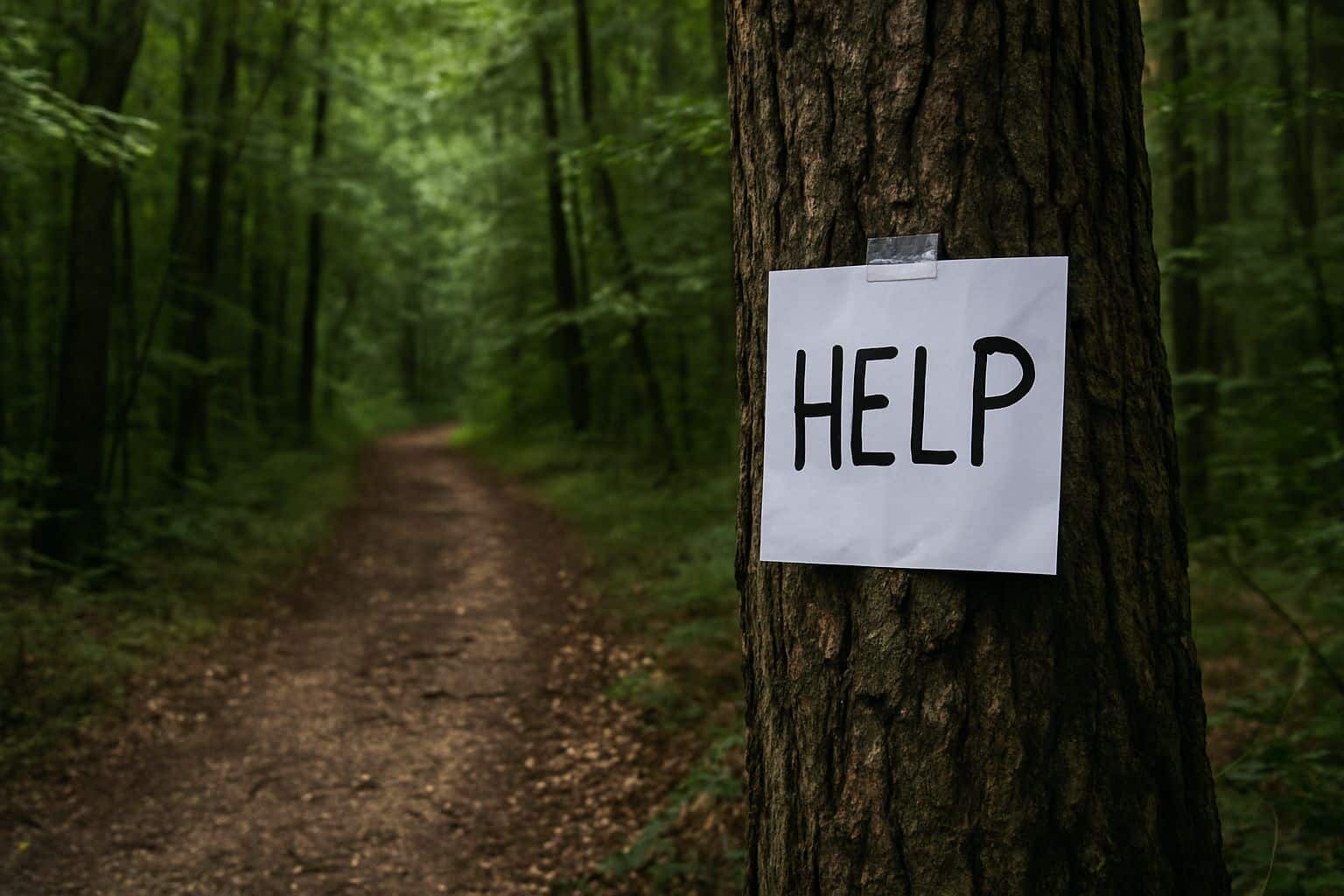 Feuille blanche avec le mot « HELP » accrochée à un arbre au bord d’un sentier forestier.