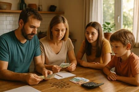Famille préparant le budget de la rentrée à table.