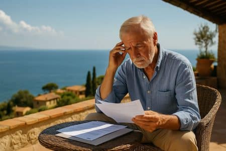 Homme âgé assis sur une terrasse en pierre surplombant la mer Méditerranée, lisant des papiers avec une expression soucieuse.