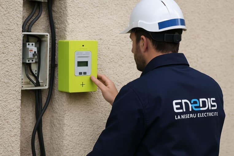 Technicien Enedis inspectant un compteur électrique Linky en zone urbaine.