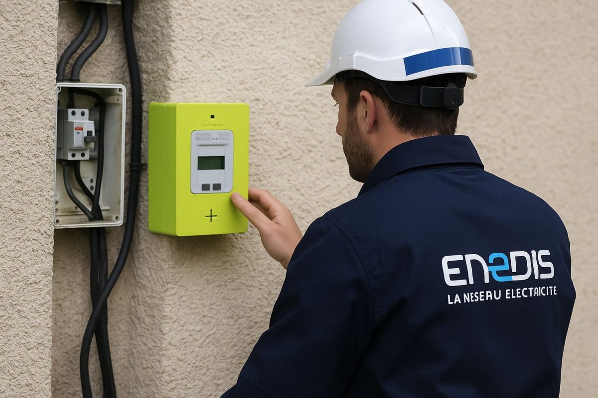 Technicien Enedis inspectant un compteur électrique Linky en zone urbaine.