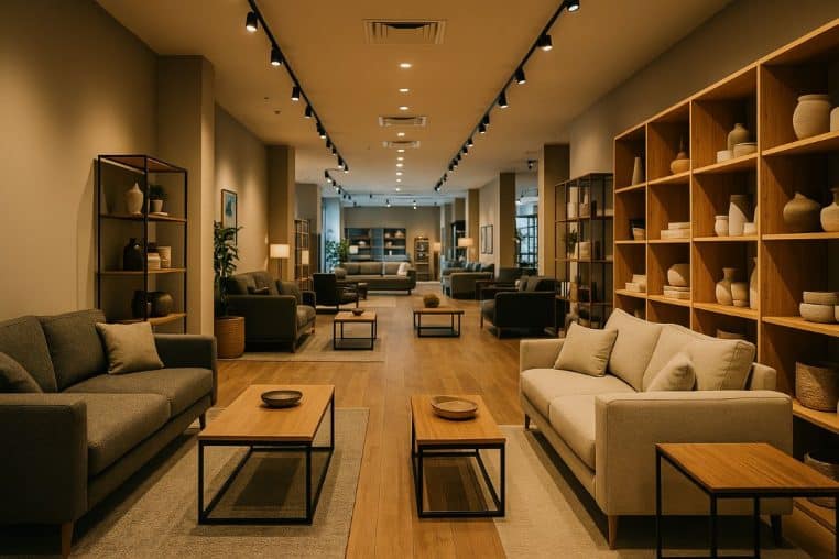 Allée de magasin de meubles modernes avec canapés et tables basses.
