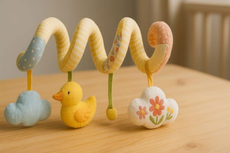 Jouet spirale d’enfant en tissu jaune à rayures, avec nuage bleu, canard jaune et nuage blanc fleuri.