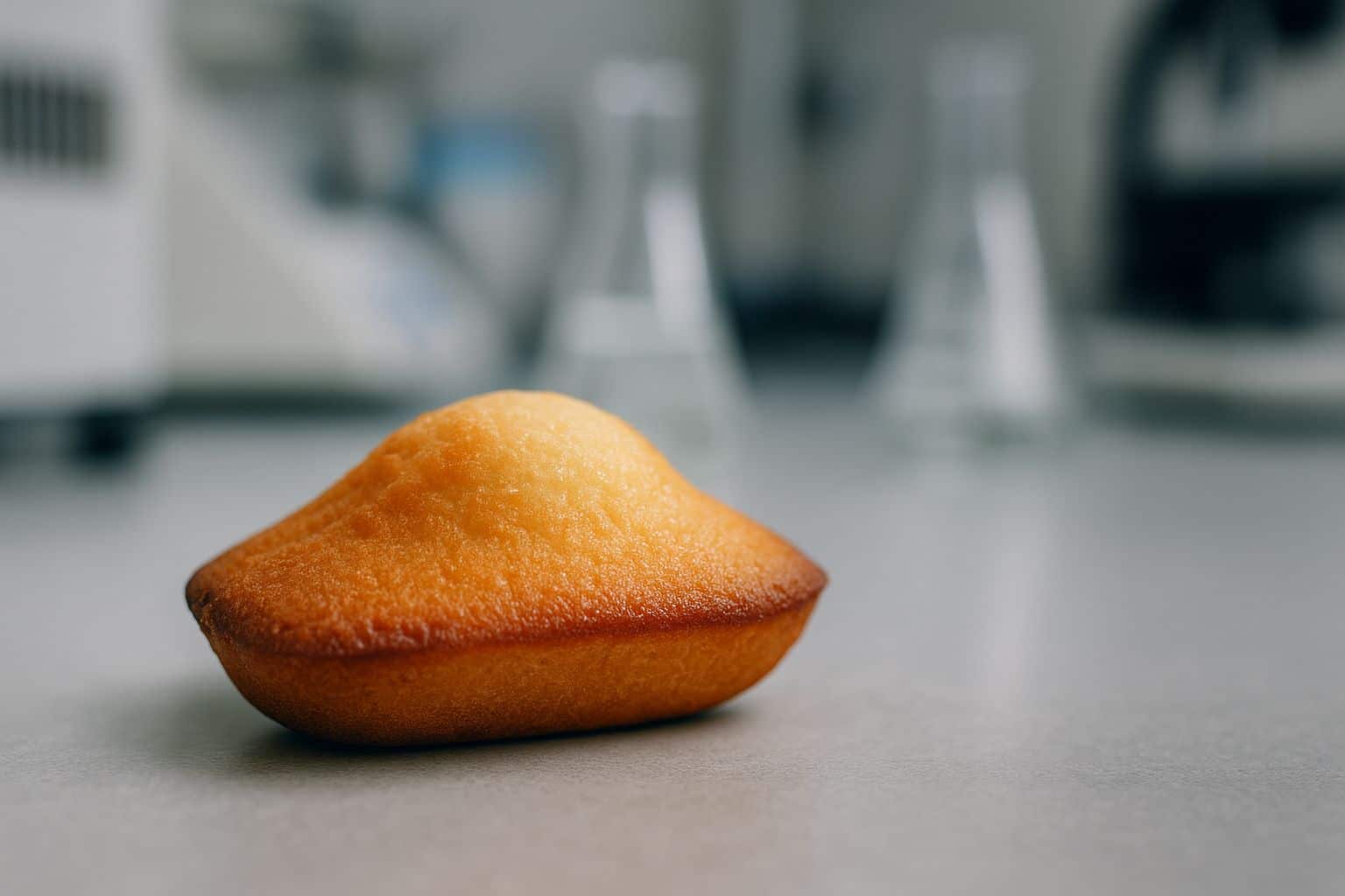 Gros plan sur une madeleine industrielle posée sur un comptoir de laboratoire.