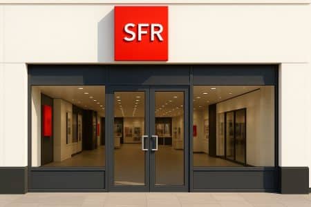 Devanture d’un magasin SFR avec un logo rouge centré, sans inscription sur la droite, prise en pleine journée.
