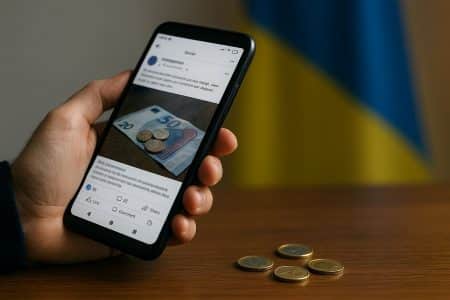 Main tenant un smartphone affichant un fil d’actualité, des pièces d’euros sur une table et un drapeau ukrainien en arrière-plan.