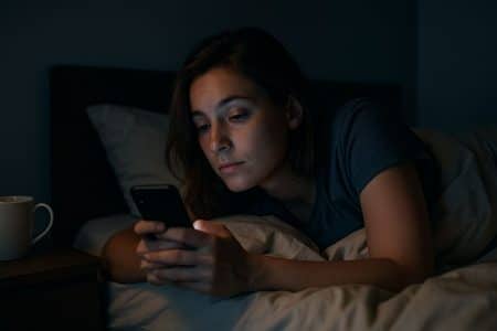 Personne allongée dans son lit, retardant l’heure du coucher en regardant son smartphone.