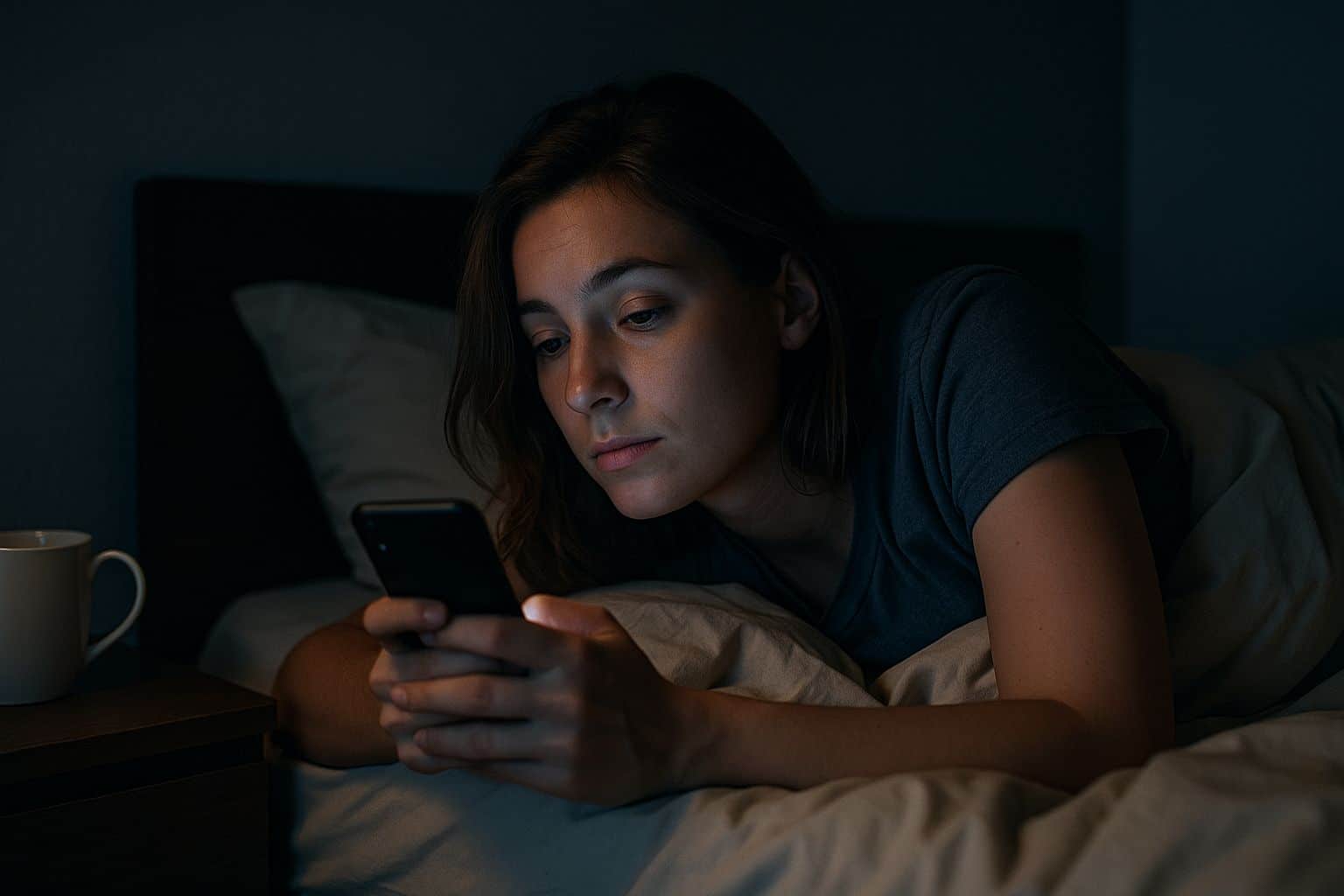 Personne allongée dans son lit, retardant l’heure du coucher en regardant son smartphone.