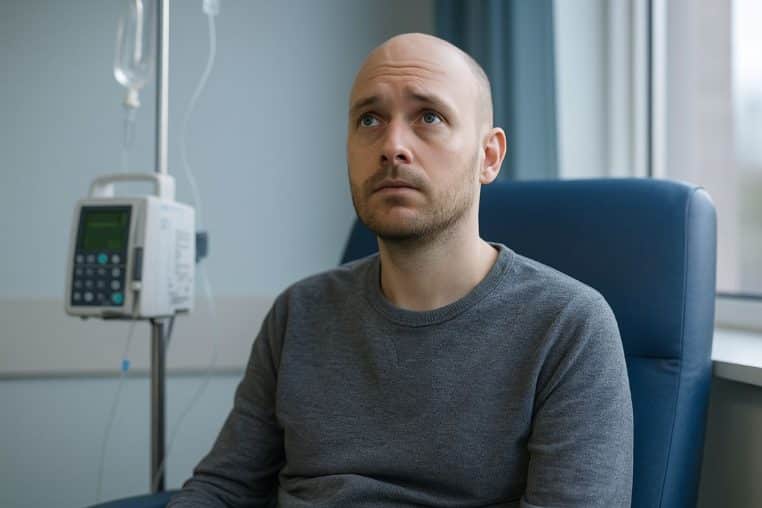 Jeune homme au regard déterminé assis en service d’oncologie, sous perfusion de chimiothérapie