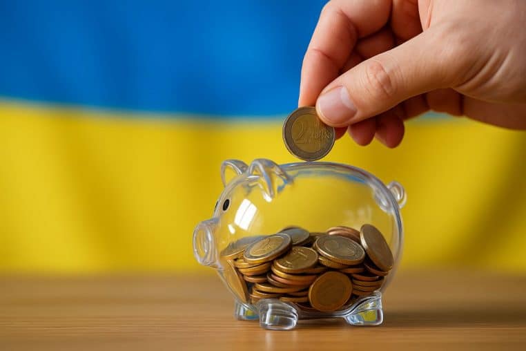 Main déposant une pièce de 2 € dans une tirelire transparente devant un drapeau ukrainien flou.