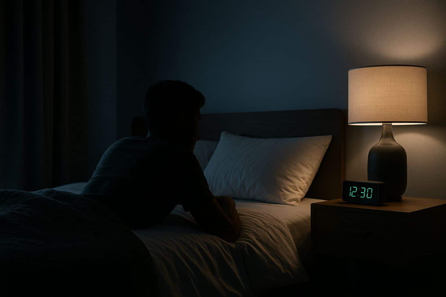 Silhouette d'une personne s'endormant dans une chambre moderne avec un réveil affichant 00h30, évoquant l'impact de l'heure du coucher sur la santé.