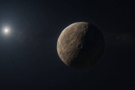 Illustration réaliste d’un astre glacé sculpté de cratères, flottant dans l’obscurité de l’espace lointain.