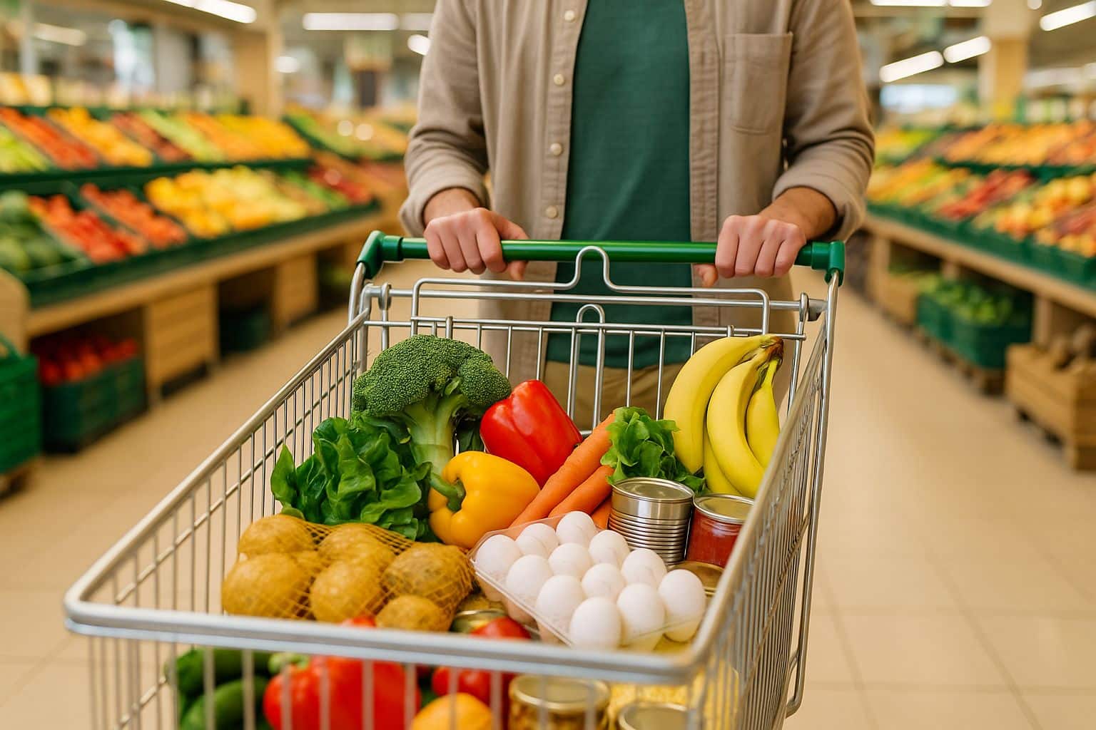 Personne poussant un chariot rempli de produits frais et de conserves dans un supermarché lumineux.