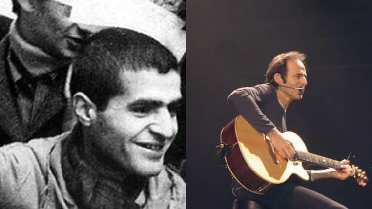 Pierre Goldman en noir et blanc à gauche et Jean‑Jacques Goldman jouant de la guitare en concert à droite.