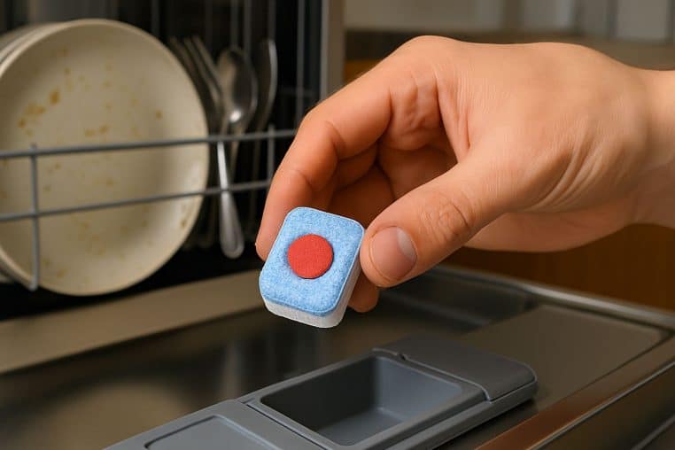 Main insérant une pastille lave-vaisselle colorée dans le compartiment d’un lave-vaisselle.