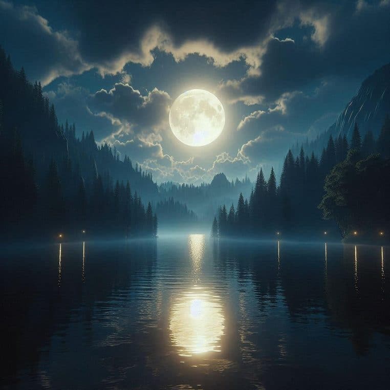 Reflet de la pleine lune sur un lac nocturne.