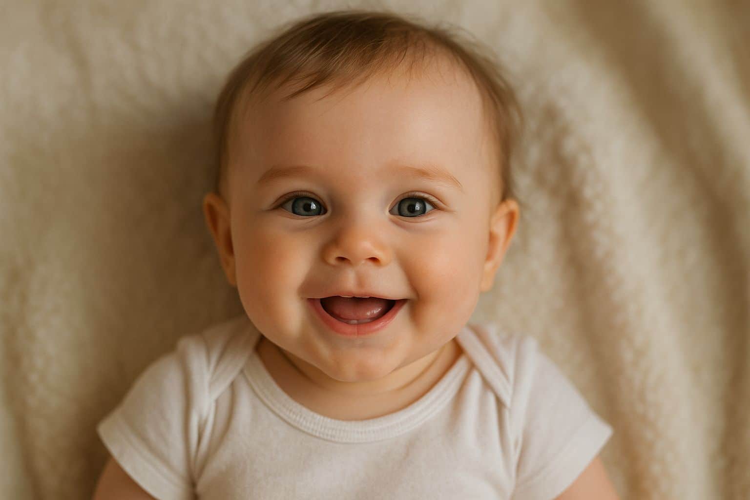 Bébé souriant allongé sur une couverture douce beige.