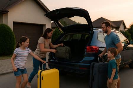 Famille chargeant sa voiture à l’aube