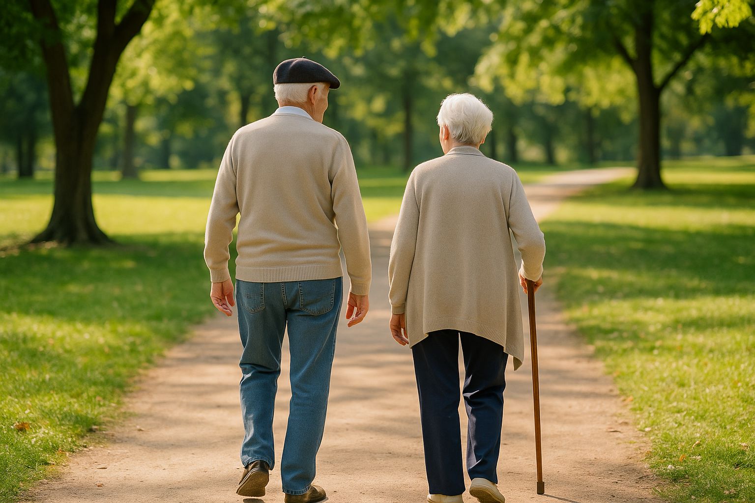 Couple de seniors marchant dans un parc sous un soleil doux.