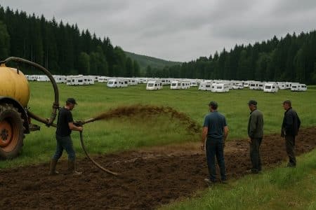 Champ labouré par des agriculteurs répandant du lisier pour empêcher des caravanes de gens du voyage de s’installer, dans un paysage rural des Vosges.