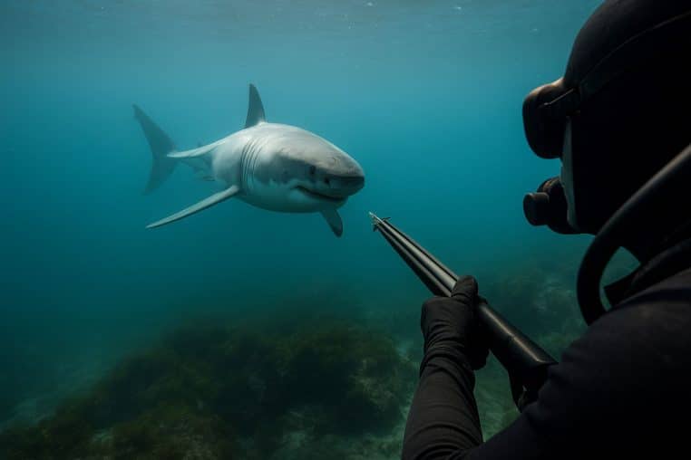 Plongeur en combinaison noire visant un grand requin blanc avec un harpon sous l’eau turquoise.