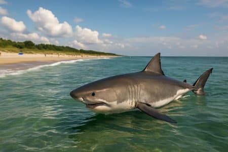 Grande photographie réaliste horizontale d’un requin blanc nageant dans une eau turquoise à proximité d’une plage animée.