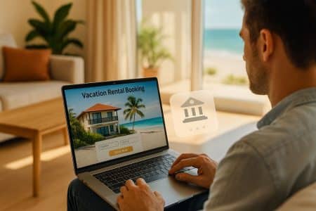 Personne assise sur un canapé, réservant une location de vacances en ligne sur un ordinateur portable, avec vue sur la mer à travers une fenêtre.
