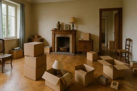 Salon ancien lumineux avec cartons ouverts et meubles, plancher en chevrons et fenêtres donnant sur un jardin..