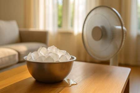 Bol en métal rempli de glaçons posés sur une table en bois, avec un ventilateur en arrière-plan diffusant un léger souffle d’air frais.