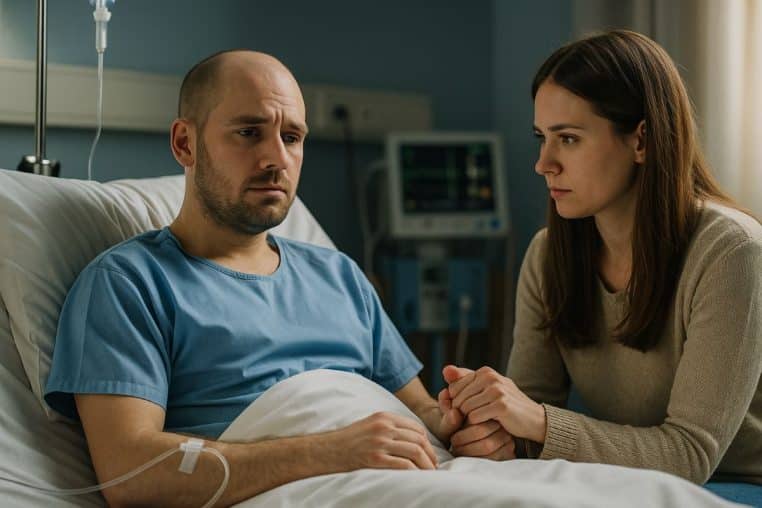 Un patient en chemise d’hôpital tient la main de sa compagne, tous deux assis dans une chambre silencieuse, perfusion en arrière-plan