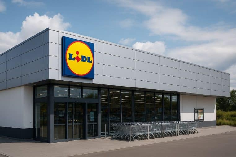Entrée principale d’un magasin Lidl avec logo bleu et jaune bien visible.