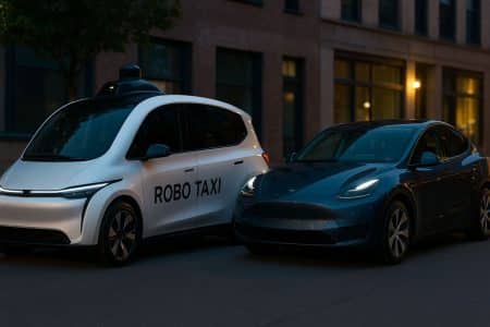 Robot taxi blanc garé à côté d’une Tesla Model Y bleue au crépuscule sur une route citadine.