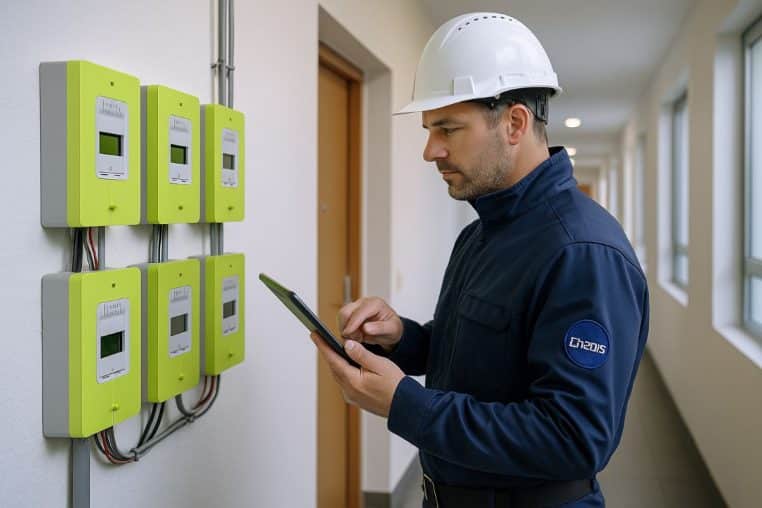 Technicien Enedis consultant sa tablette devant six compteurs Linky alignés dans un couloir d’immeuble.