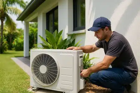 Technicien accroupi installant une climatisation extérieure devant une maison entourée de végétation.