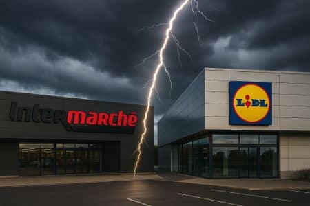Façades d’Intermarché et de Lidl séparées par un éclair sous un ciel orageux.