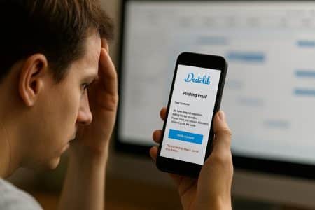 Personne inquiète consultant un e-mail frauduleux imitant Doctolib sur son smartphone.