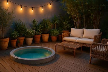 Mini‑piscine ronde au centre d’une terrasse bois, entourée de plantes et de mobilier lounge.