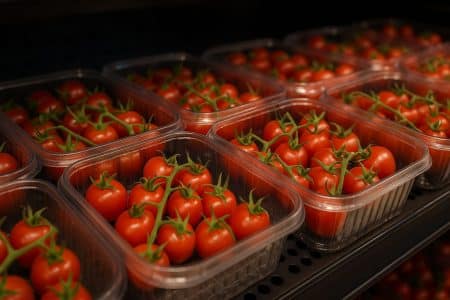 Barquettes transparentes de tomates cerises fraîches sur une étagère de supermarché.