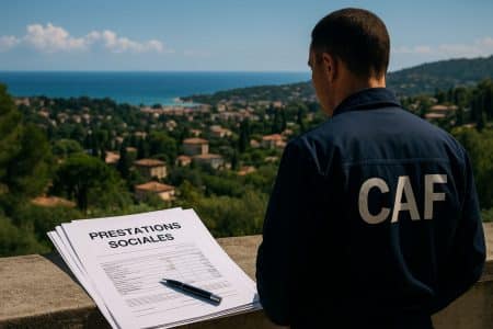 Agent de la CAF en uniforme bleu, dos tourné, consultant des documents marqués « Prestations sociales » avec un village et la mer Méditerranée en arrière-plan.