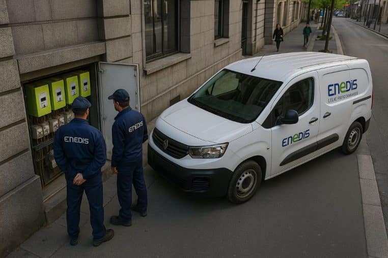 Deux techniciens Enedis inspectent une armoire de rue pleine de compteurs Linky, leur fourgonnette stationnée à proximité.